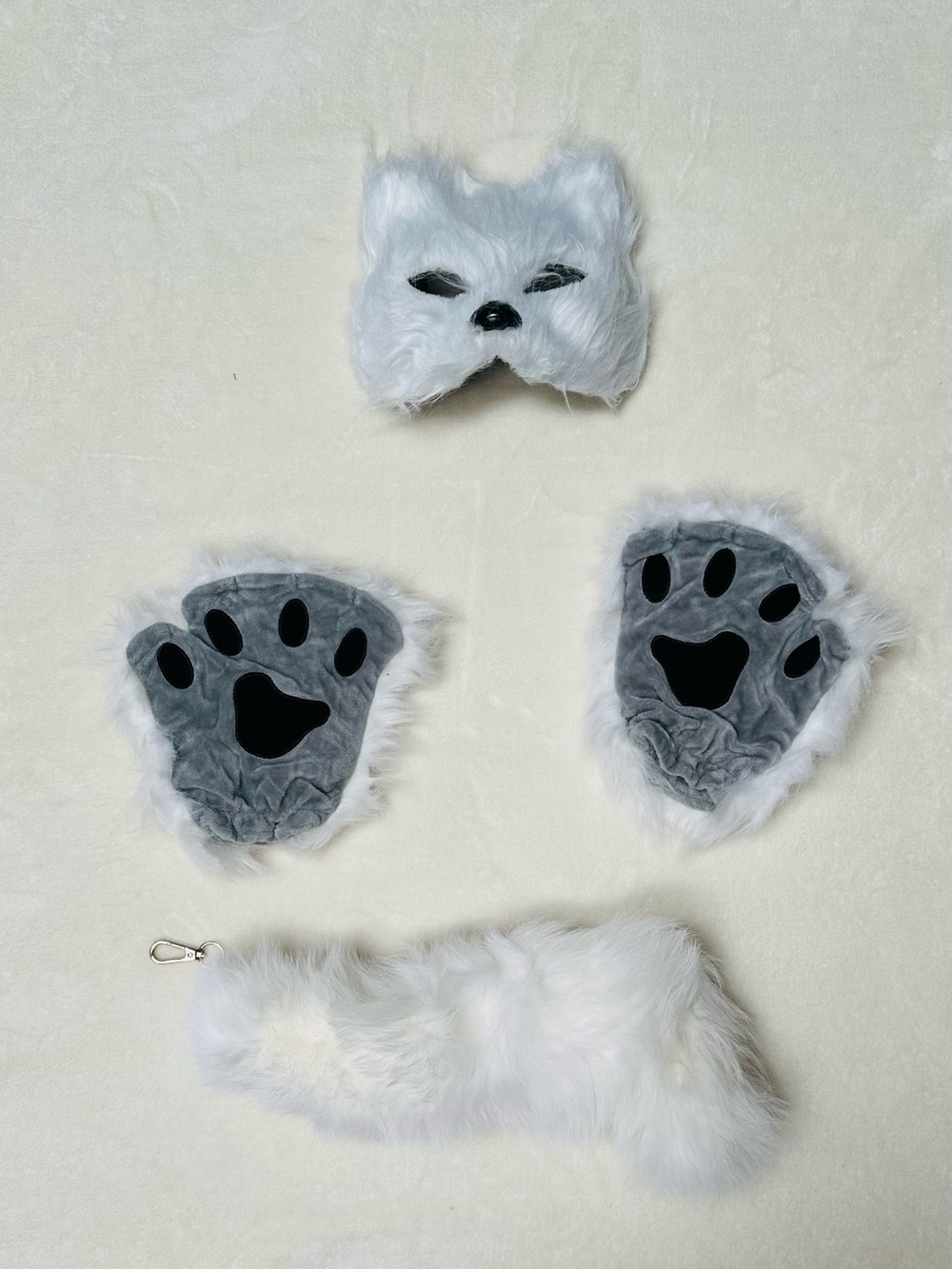 White Fox Costume Accessory Set – Furry Mask, Paw Gloves & Tail
